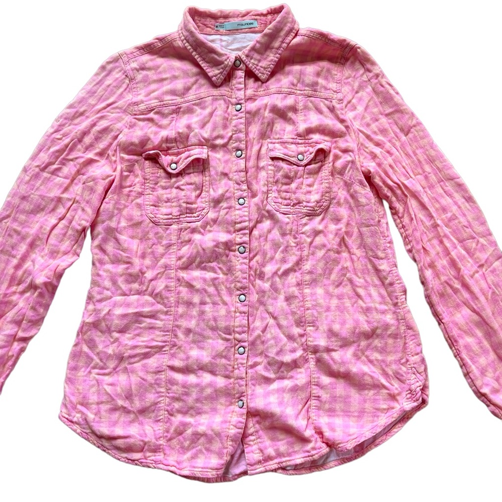 Maurices pink & orange plaid checkered long sleeve button down shirt - Picture 2 of 14